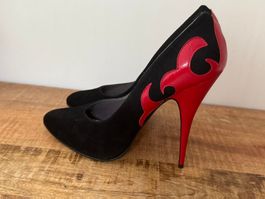 Feurige Pumps Schwarz/Rot Leder-Flammen Gr. 42 – Blickfang!
