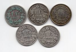 (2057) 5 x 1 Franken 1851-76-77, 1900-01, s