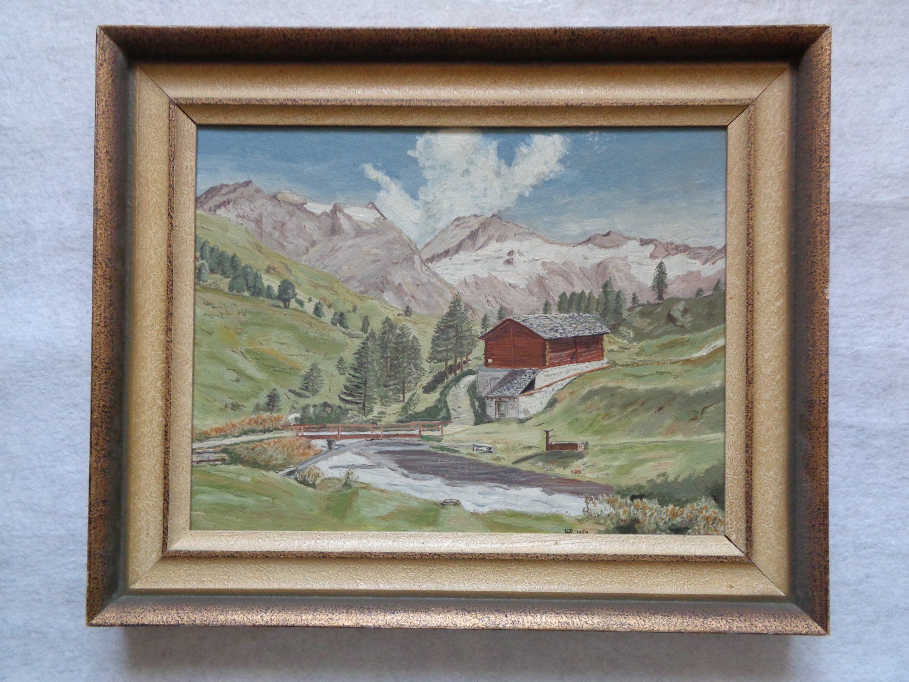Dipinti: GEMÄLDE ALPEN ALPHÜTTE BERGBACH MONOGRAMM H.A. 1954 – Usato da Henggart venduto da Pascha22