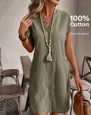 Damen Kleid Baumwolle Khaki Knopfleiste Kurzarm Grösse L