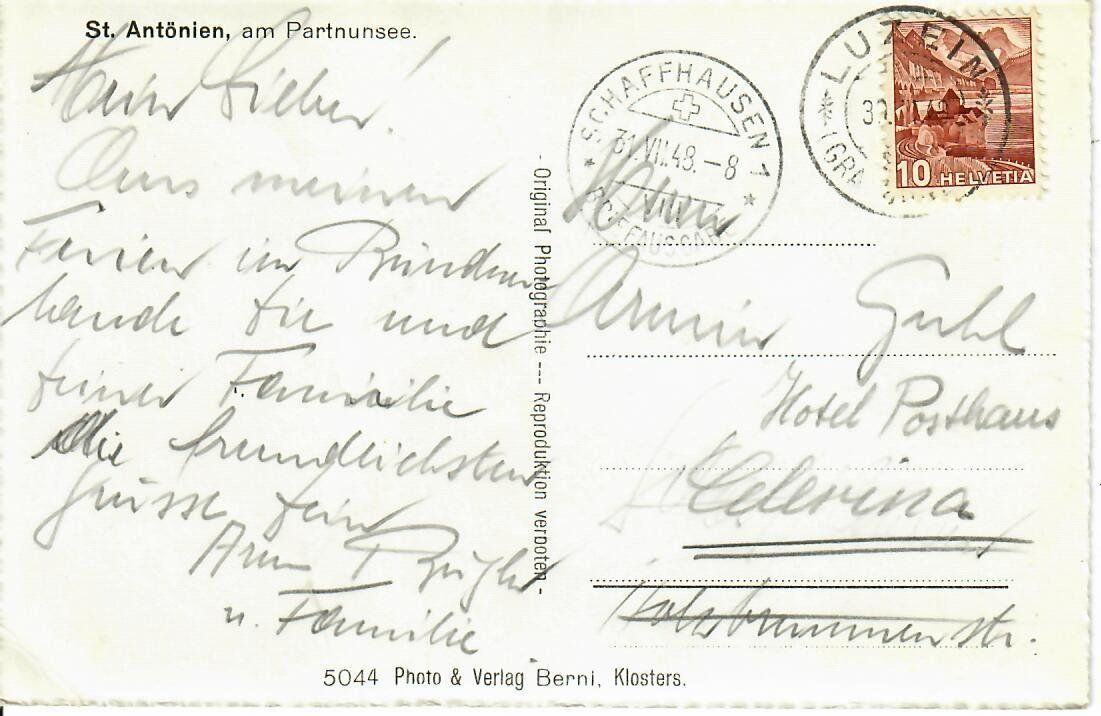 Ansichtskarten: St. Antönien 1948 – Gebraucht aus Hochdorf von Ziegel-16 1