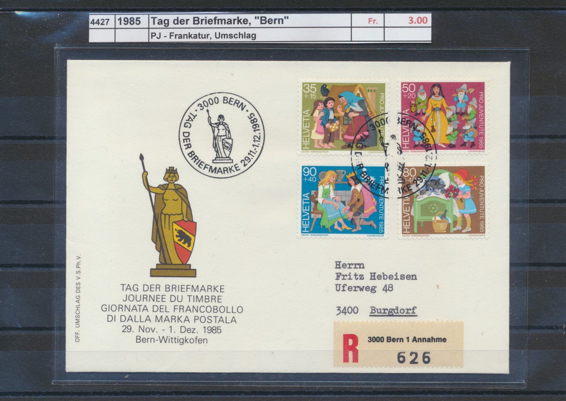Alle Briefmarken: 1985 Tag der Briefmarke, "Bern", Umschlag – Gebraucht aus Winterthur von Zupogeru