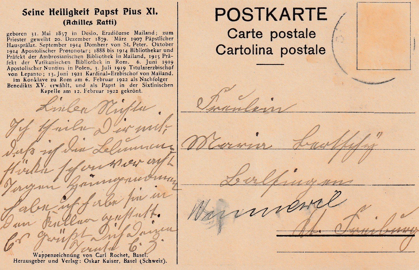 Ansichtskarten: AK - Papst Pius XI - gelaufen – Gebraucht aus Fribourg von schnalla92 1