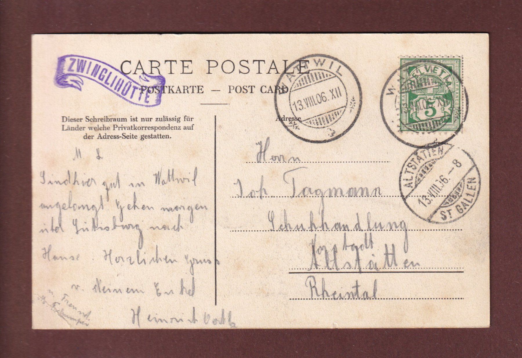 Ansichtskarten: WILDHAUS - Zwingli Haus - 1906 – Gebraucht aus Pully von nicecards 1