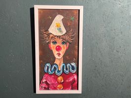 Vintage Clown Ölportrait mit Signatur aus Paris / Glasrahmen