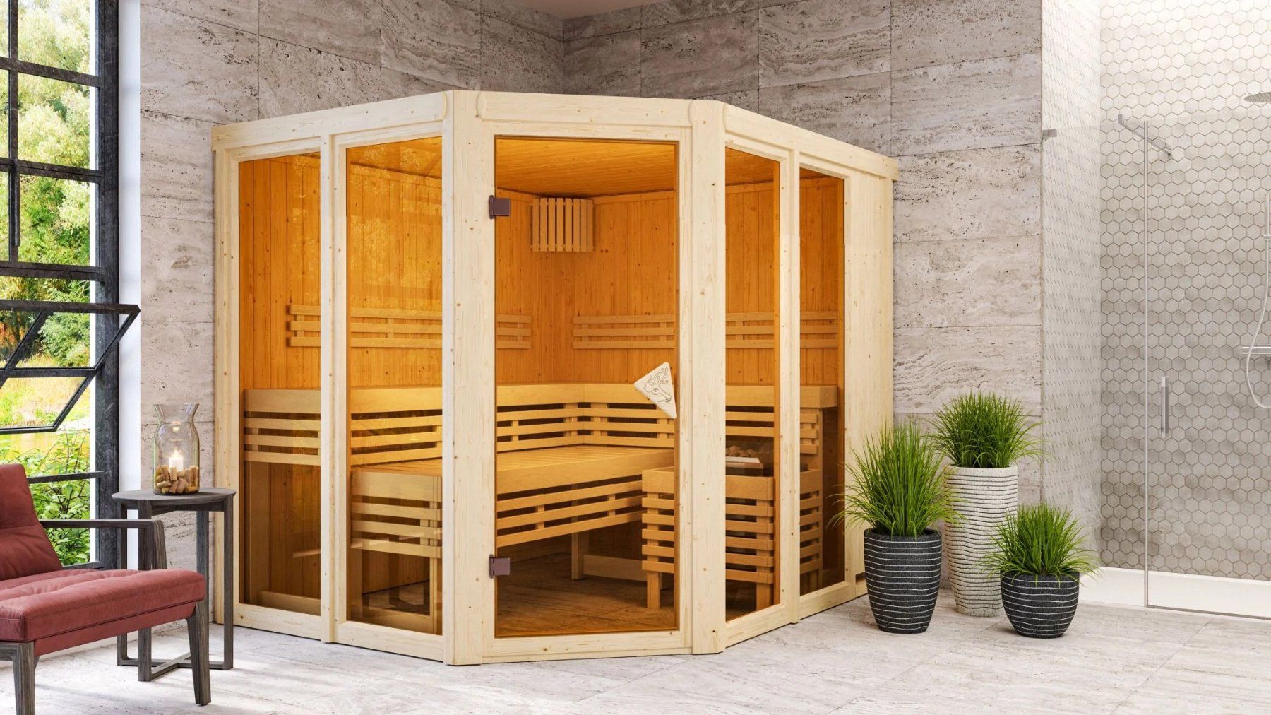 Sauna & Accessori: Sauna Ainur 3 Systemsauna, Eckeinstieg - Gratis Versand – Nuovo e nell'imballaggio originale da Kleinwangen venduto da meinwarenkorb.ch