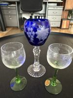 Glas Kelch Set 3 Stck. blau/klar mit Gravur und grünen Stiel