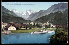 AK Interlaken, Dampfer im Schiffkanal, Mönch und Jungfrau