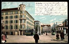 AK St. Gallen, Gasthof zum Hecht mit Strassenbahnen