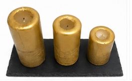 Lot de 3 bougies dorées + plateau en ardoise — utilisées