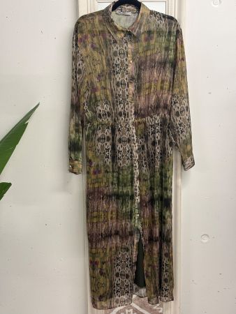 Zara Maxikleid Gr. XL grün gemustert Goldfaden Blusenkleid