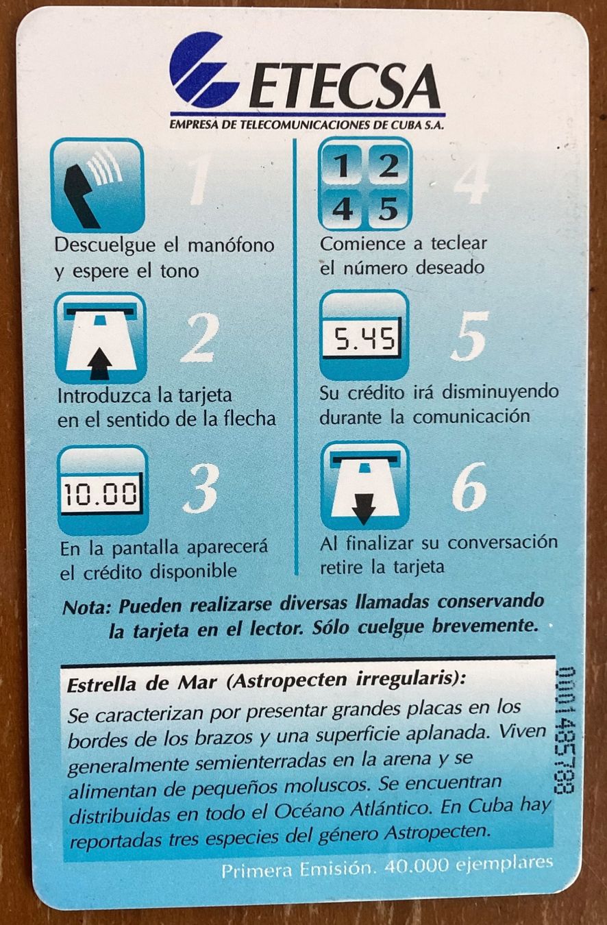 Schede telefoniche: Telefonkarte Kuba Seestern – Usato da Zürich venduto da Tolima194 1