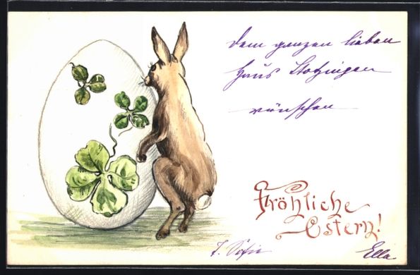 Ansichtskarten: Handgemalt: Osterhase steht vor einem mi – Gebraucht aus Berlin von bartko-reher