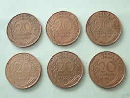 6x 20 centimes France 1962-1963-1964-1967-1968-1969