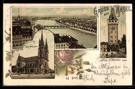 Lithographie Basel, Das Münster, St. Alban-Tor und Rheinpart