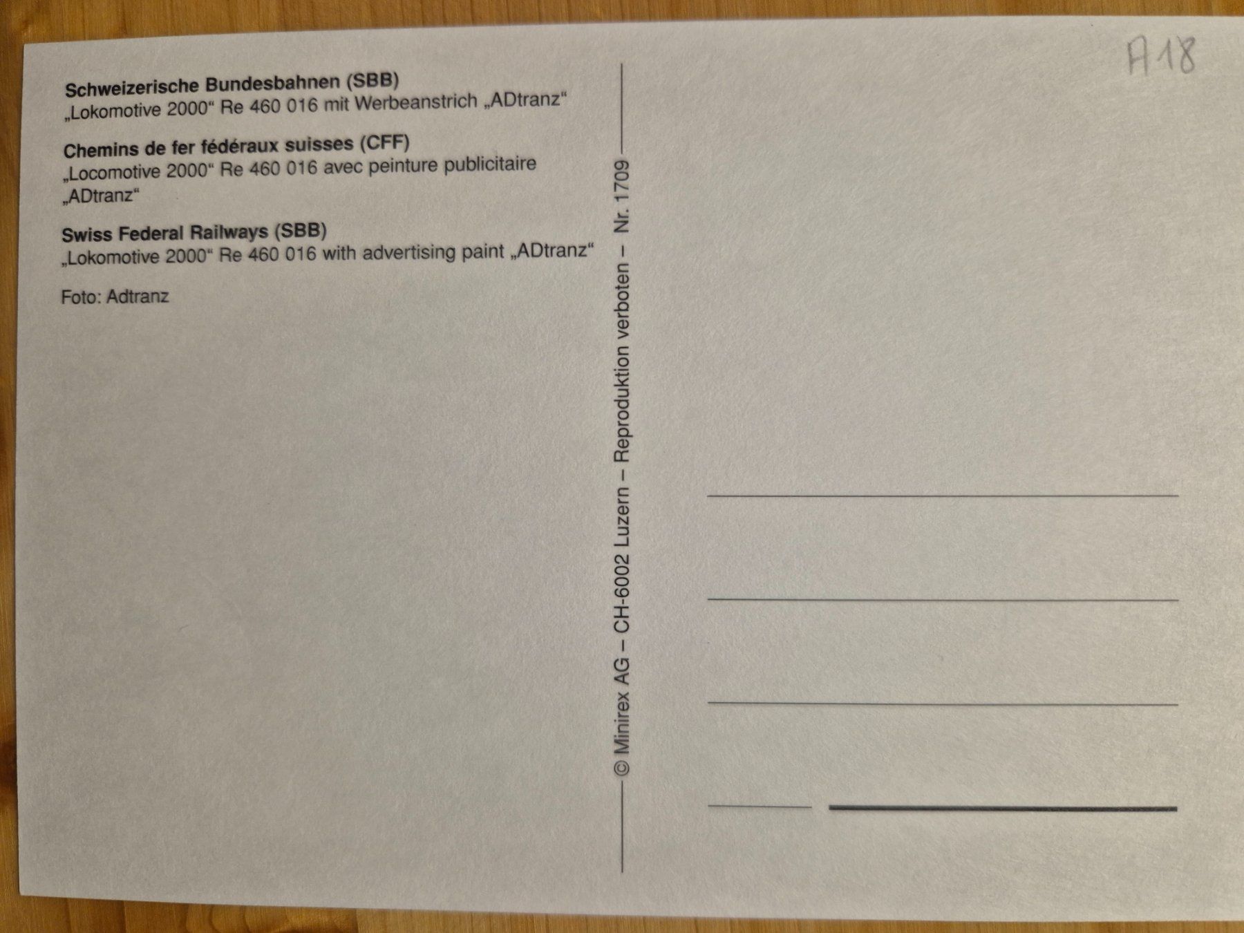 Cartoline postali: SBB-CFF Re 460 016 "ADtranz" – Usato da St-Léonard venduto da thipif 1