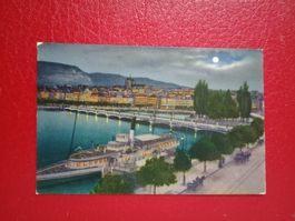 Geneve Mondschein Schiff antike AK Color