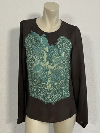🍂 Akris Seiden Bluse Gr 34 braun mit hellgrünem Muster 🍂