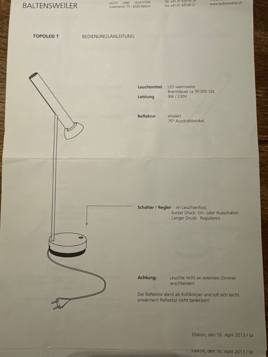 Baltensweiler Lampade: Baltensweiler TOPOLED T Tischleuchte LED dimmbar – Nuovo (secondo la descrizione) da Basel venduto da good_forms 4