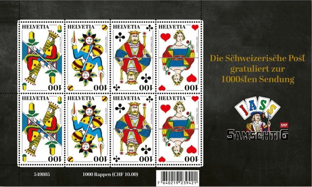 Tutti i francobolli: Samschtig Jass Kleinebogen 1000. Sendung – Nuovo (secondo la descrizione) da Nürensdorf venduto da Wini56