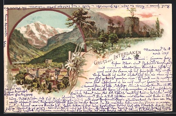 Cartoline postali: Litho Interlaken, Burg, Ortsansicht mit  – Usato da Berlin venduto da bartko-reher