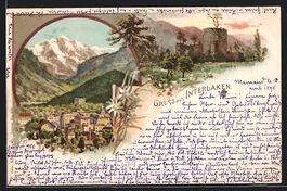 Litho Interlaken, Burg, Ortsansicht mit 