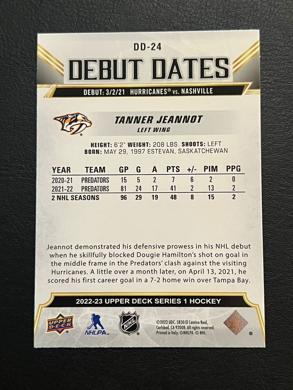 NHL Carte collezionabili: Tanner Jeannot 2022 Rookie Debut Dates Nashville Predators – Nuovo (secondo la descrizione) da Möhlin venduto da SwissHockeyCards 1