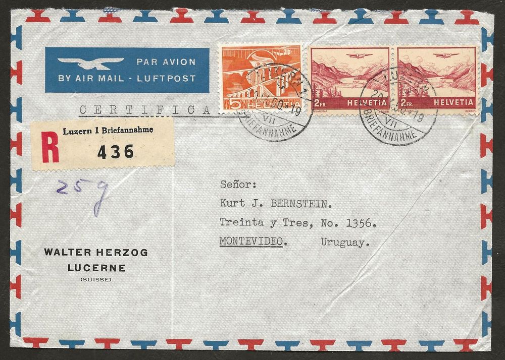Flugpost Schweiz 1950 Luzern Montevideo Uruguay Luftpost (Gebraucht) in ...