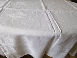 Leinen Damast Tischdecke weiss mit Blattmuster 140x218cm