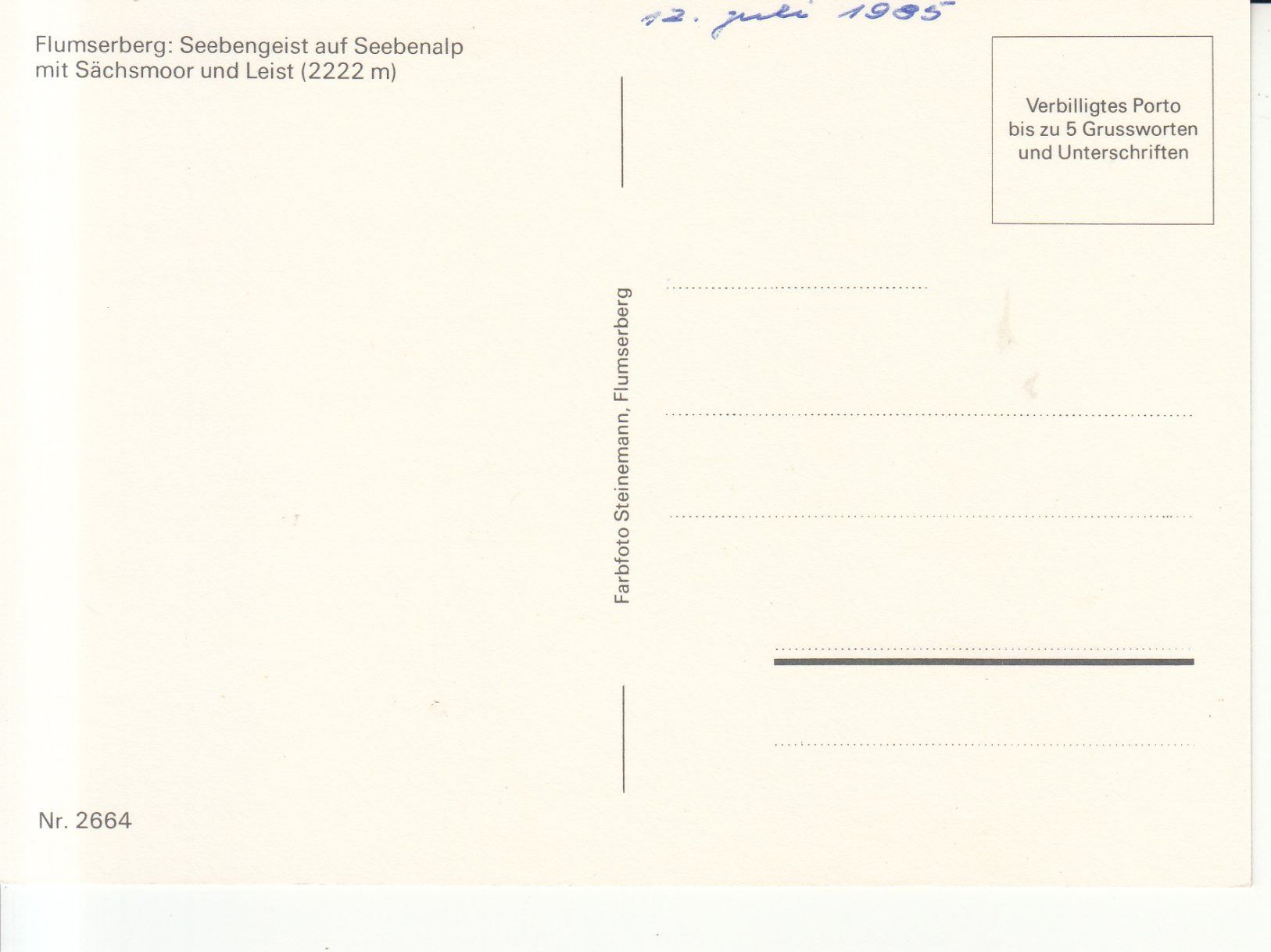 Cartoline postali: Seebenalp Seebengeist 1985 – Usato da Bürglen TG venduto da StampGraf 1