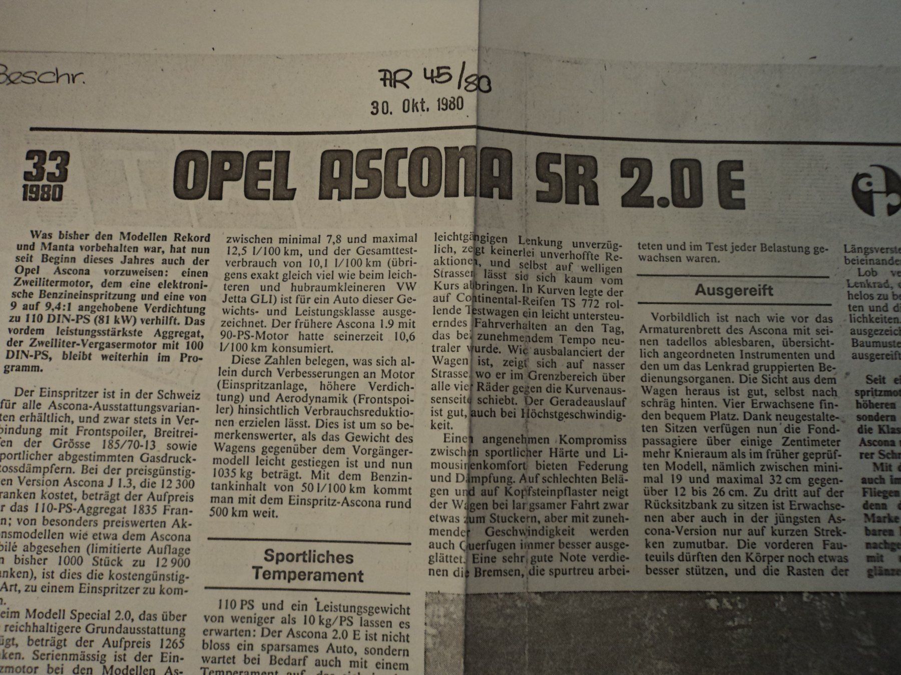 Opel Dokumente: Prospekt Test AR Opel Ascona SR 2.0E von 1980 – Gebraucht aus Schwarzenburg von modelCARama 1