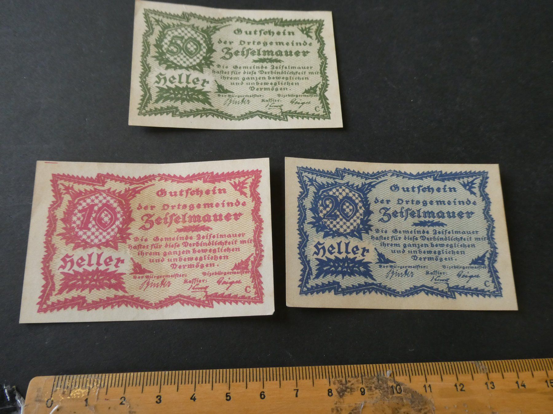 Banknoten: Oesterreich, Zeiselmauer,  3 Notgeldscheine – Gebraucht aus Hinterforst von Rohusri