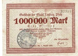 Landau Pfalz 1 Mil.Mark +Stempel 01.08.1923 SS+-SS++