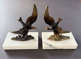 Paire serre-livres oiseaux laiton sur socle marbre art déco