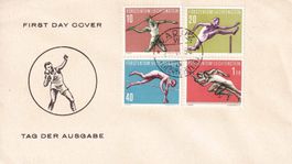 1956 LIE, Sportserie lll LBK-Nr. 286-289 auf ill. Blanco-FDC