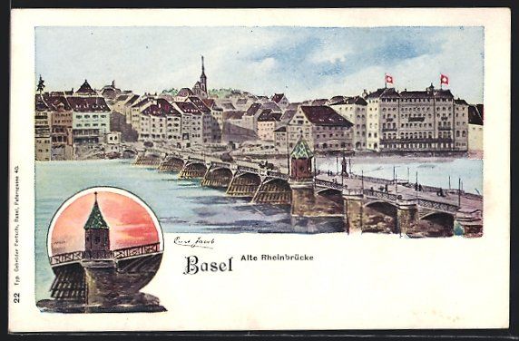 Cartoline postali: AK Basel, Blick auf alte Rheinbrücke – Usato da Berlin venduto da bartko-reher