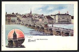 AK Basel, Blick auf alte Rheinbrücke