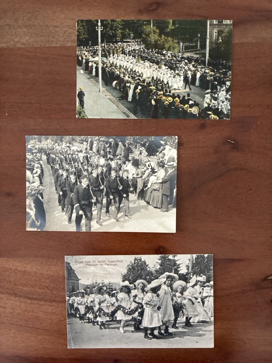 Cartoline postali: 3 Ansichtskarten Schweiz vom Jugendfest in St. Gallen – Usato da Oftringen venduto da Cla.vD.74