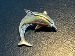 Delfin Brosche 750 Gold mit Brillanten