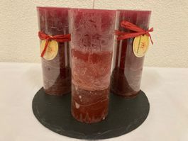 Kerzen - Set Dunkel-rot abgestuft, Raureif, 3 Stk. 6,8x18 cm