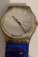 Swatch Uhr Transparent Gehaeuse Blaues Armband