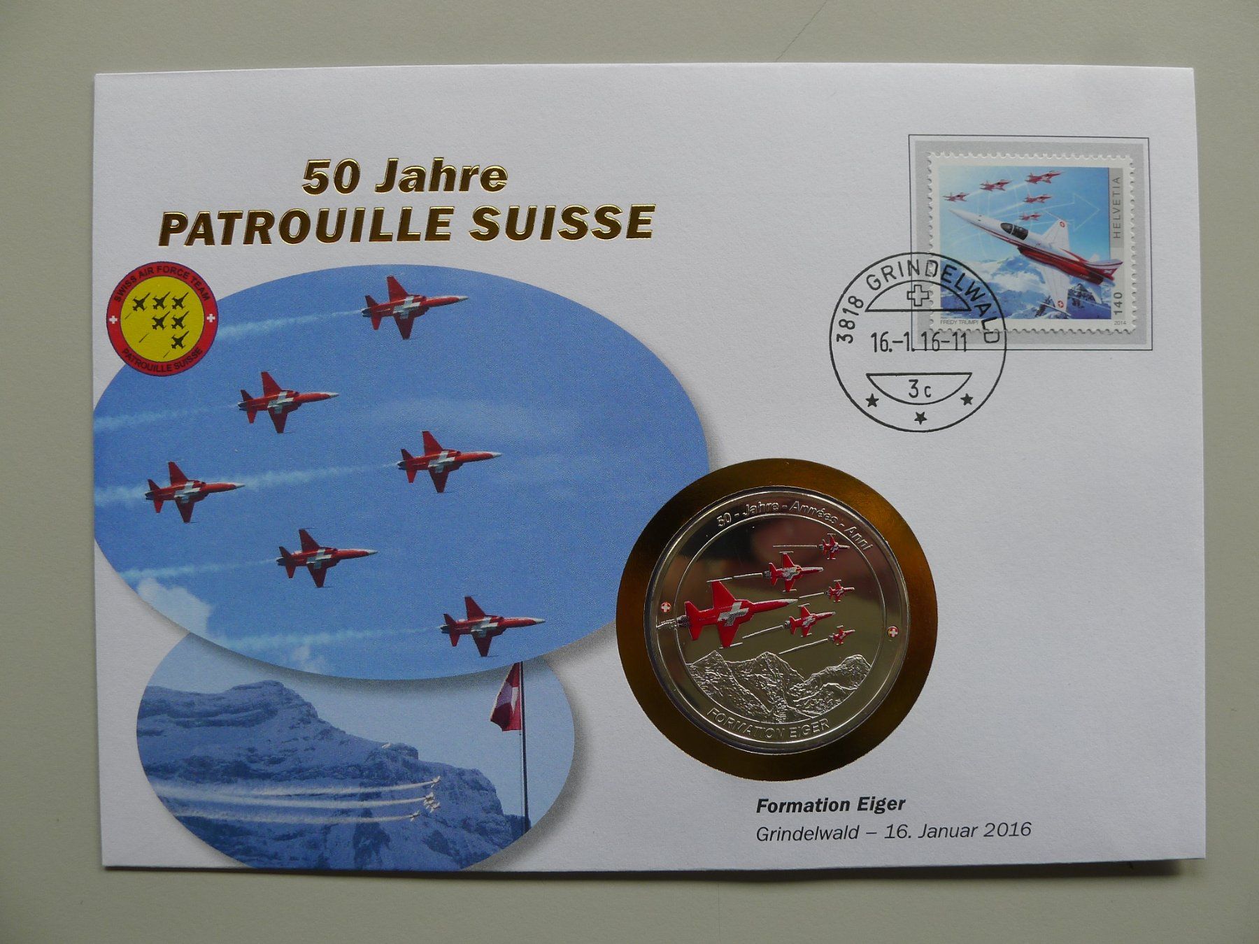 Tutti i francobolli: 2016 Numisbrief "Formation Eiger" 50 Jahre Patrouille Suisse – Usato da Sursee venduto da Luzernerraute