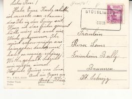 Aushilfsstempel Stüsslingen 1939 auf Karte Wallisertracht