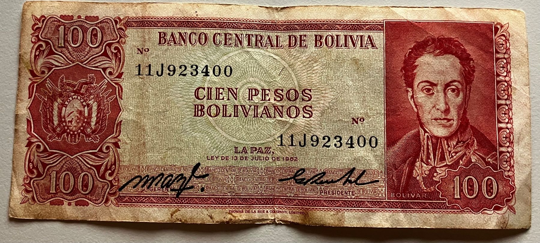 Banknoten: Bolivien 100 Bolivanos 1962 – Gebraucht aus Algetshausen von Carrhard