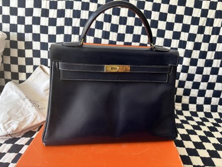 Sac à main Hermès Kelly 32 Vintage - Cuir Bleu Marine & Doré