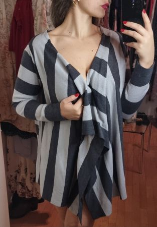 Gestrickter Wasserfall Cardigan XL gestreift  Grau/Schwarz