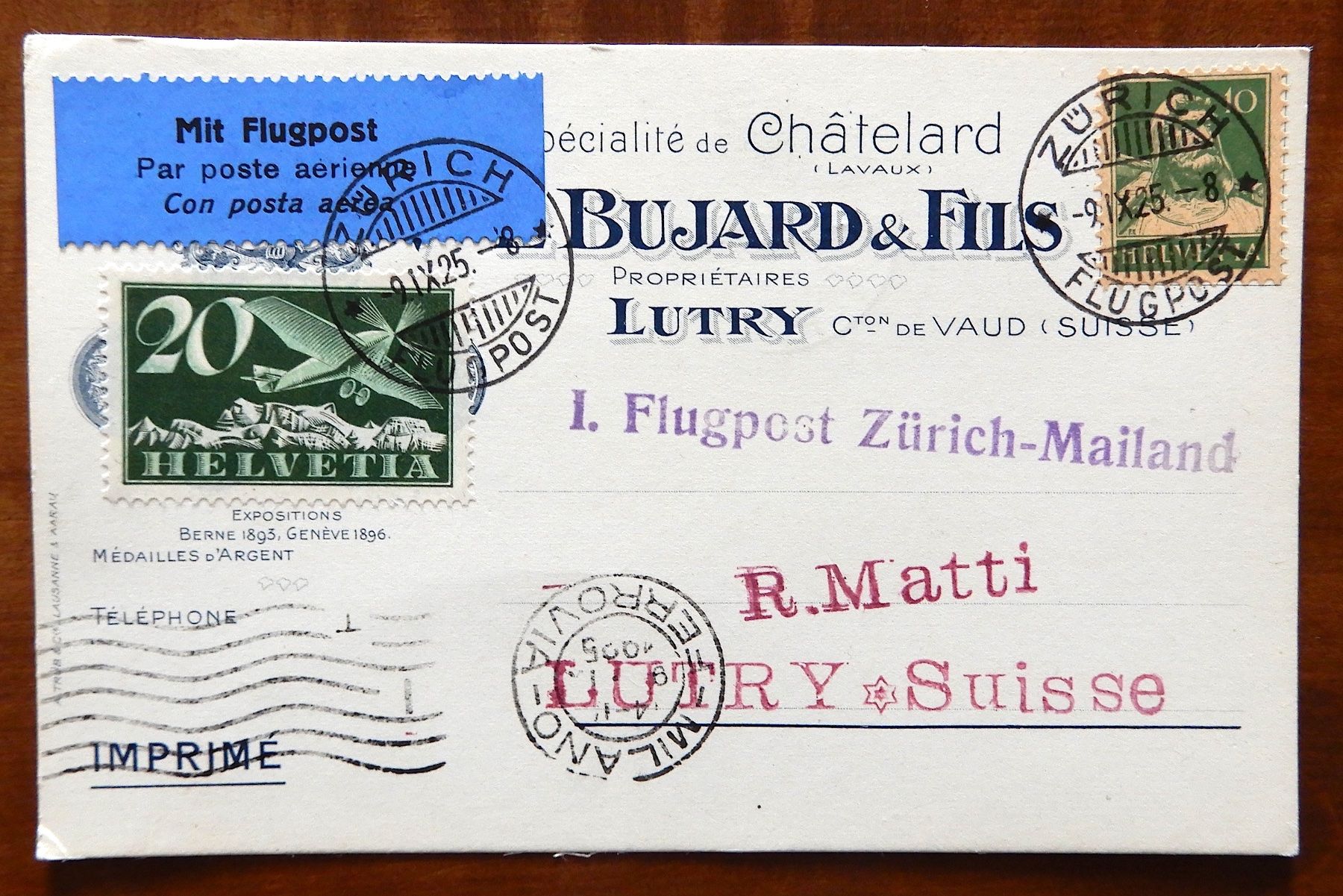 Tous les timbres: FLUGPOSTKARTE ZÜRICH - MAILAND, 1925 – D'occasion à Luzern par Johann7