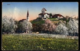 AK Uster, Ortsansicht mit Kirche und blühenden Bäumen