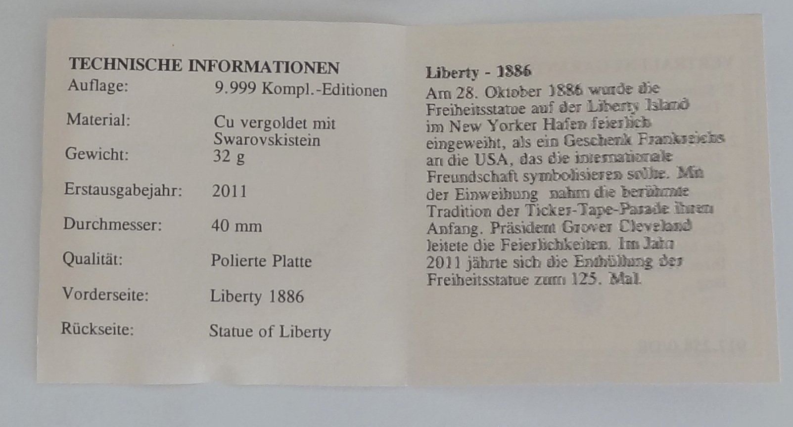 Medaglie: Statue of Liberty Prägung – Nuovo e nell'imballaggio originale da Locarno venduto da Sicabe 2