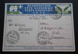 Bundesfeier Bild Karte 1930 Flugpost Linie: Luzern - Basel